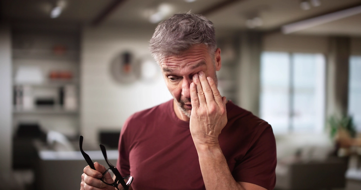 sandy-gritty-eye man rubbing irritated eye